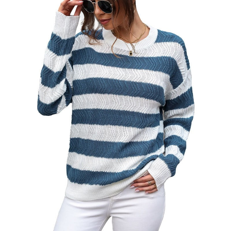 Casual Round Neck Long Sleeve Striped Contrast Sweater