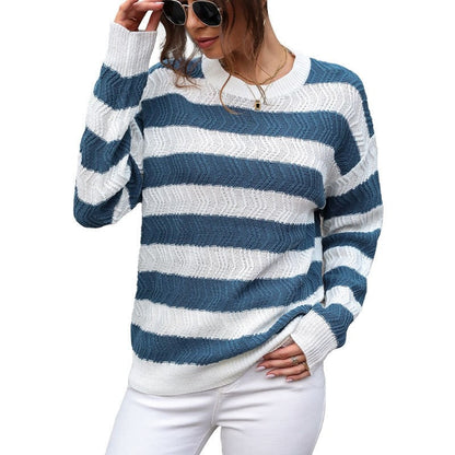 Casual Round Neck Long Sleeve Striped Contrast Sweater