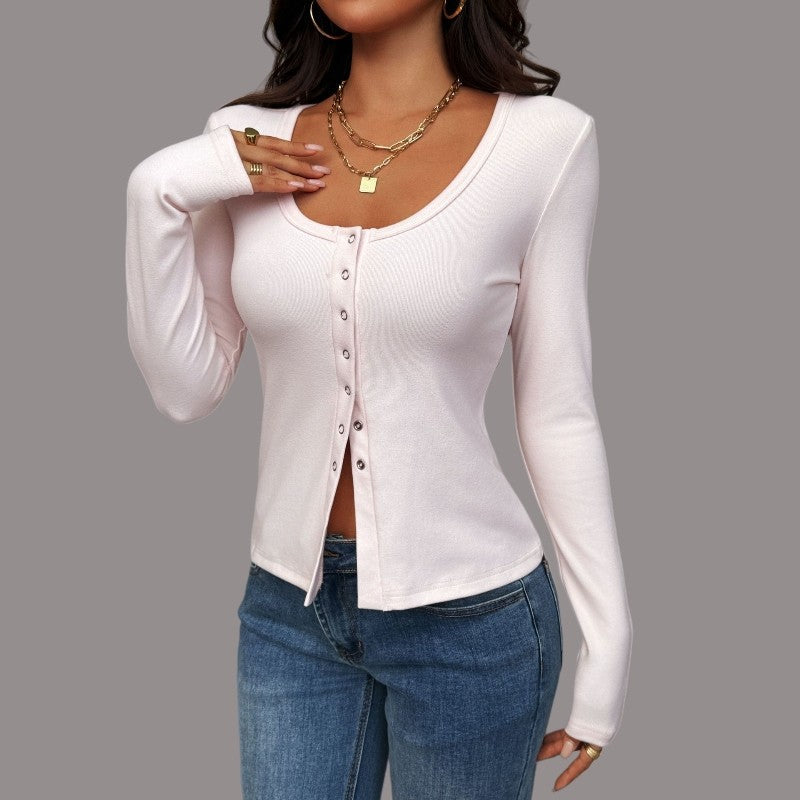 Long Sleeve U-Neck Polyester T-Shirt Jacket Solid Color