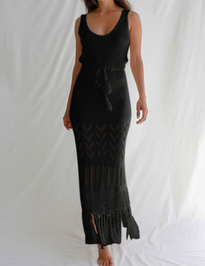 Solid Color Hollow Out Tassel Dress Cover Up