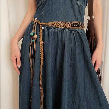 Beco - Blue Beaded Boho Braided Waist Belt