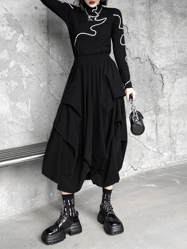 Fashion Irregularity Wide Leg Solid Color Elastic Waist Cropped Pants