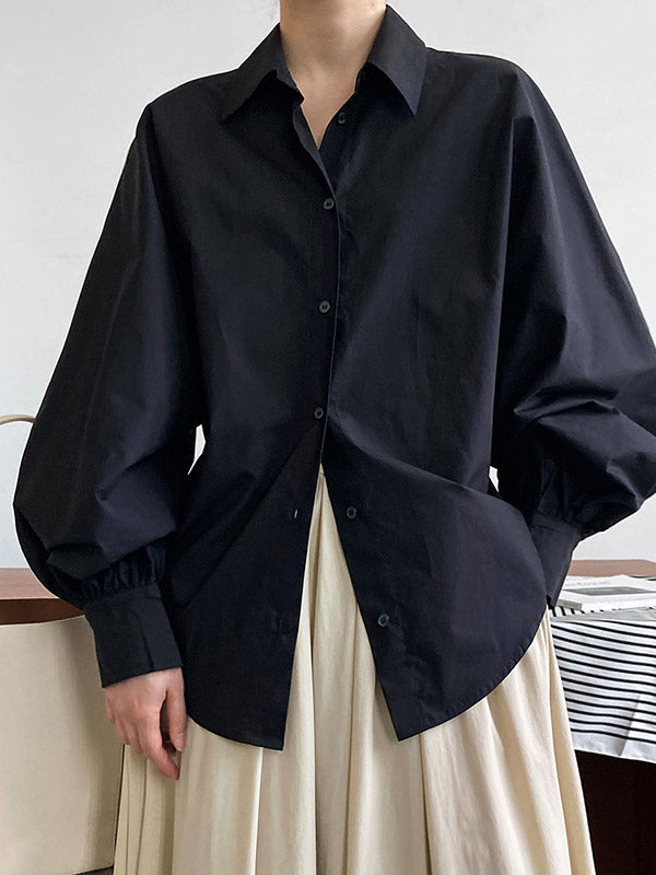 Long Sleeves Loose Buttoned Pleated Solid Color Lapel Blouses&Shirts Tops