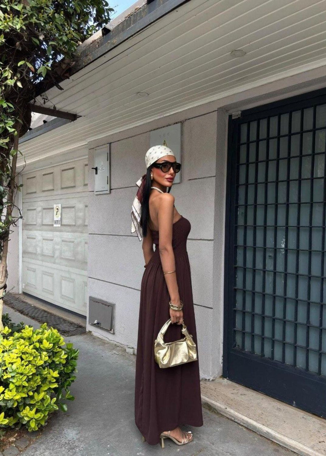 Strapless Smocked Polyester Maxi Dress Yellow