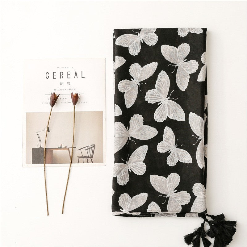 Black Butterfly Print Cotton Linen Scarf