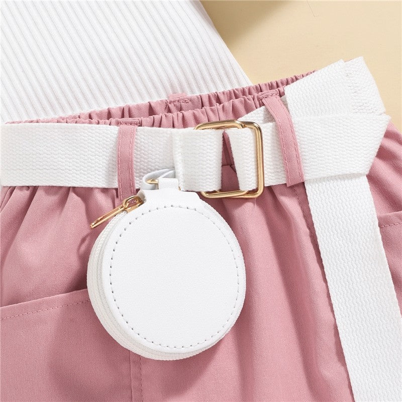 Crewneck Sleeveless Ribbed Vest And Skirt And Belted Waist Bag Three Pieces Suits