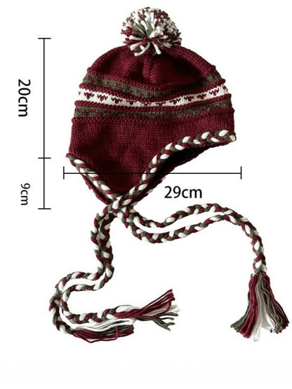 Haila - Color-blocking Beanie with Pom-pom and Braid