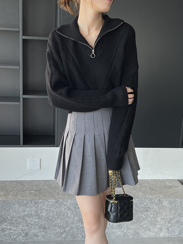Simple Batwing Sleeves Long Sleeves Jacquard Solid Color Lapel Collar Sweater Tops