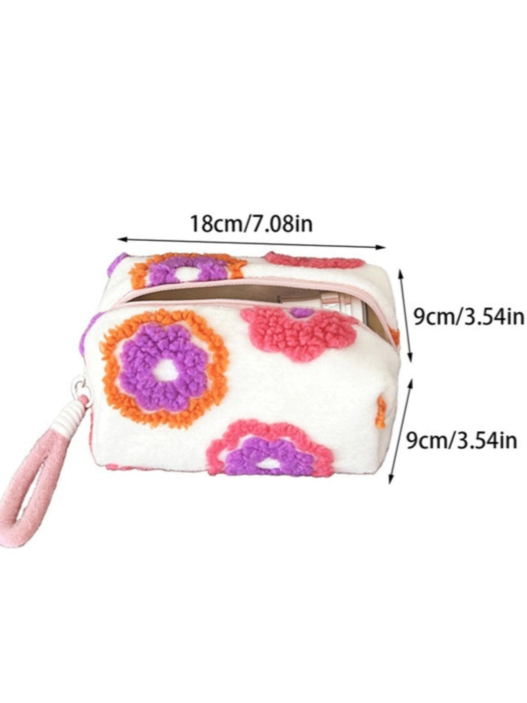 Cosbai - Floral Tweed Zipper Makeup Bag with Handles