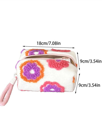Cosbai - Floral Tweed Zipper Makeup Bag with Handles