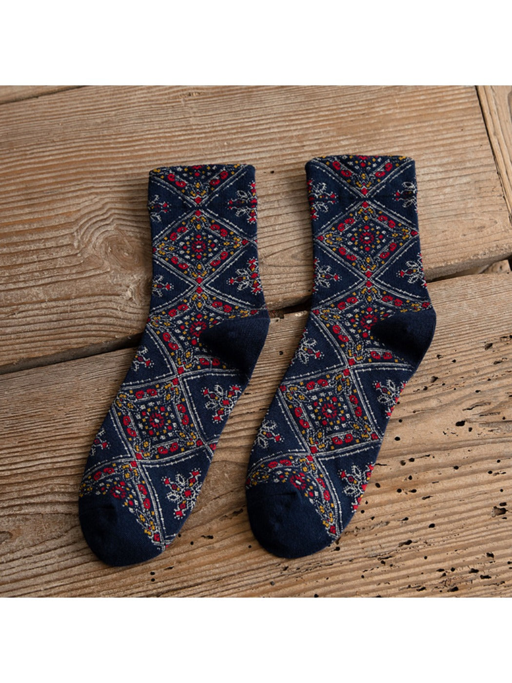 Rufia - Retro Mid-calf Socks with Diamond Floral Patterns