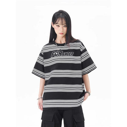 Black White Stripe Print T-Shirt