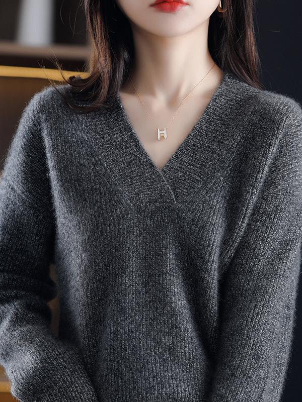 Loose Long Sleeves Solid Color V-Neck Sweater Tops