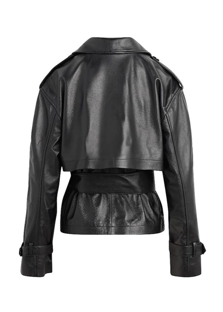 Faux Leather Cropped Belted Trench Jacket