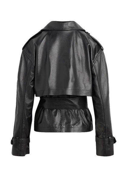 Faux Leather Cropped Belted Trench Jacket