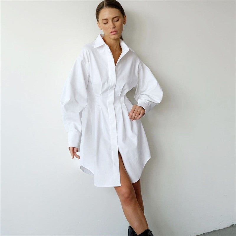 Solid Color Waist Long Sleeve Slim Fit Dress