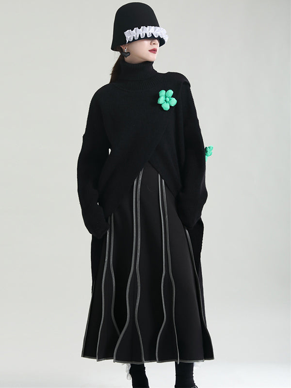 Original High-Low Asymmetric Knitting Dress High-Neck Sweater Dress