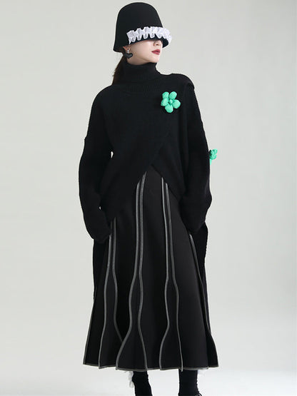 Original High-Low Asymmetric Knitting Dress High-Neck Sweater Dress