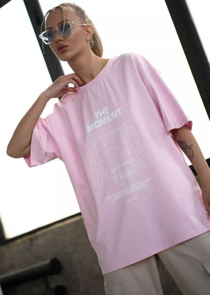Oversized Cotton Tee With Graphic Print Pink