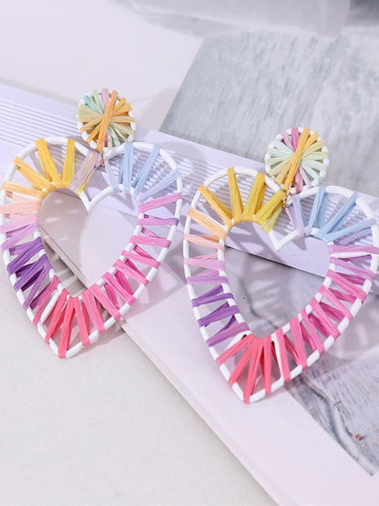 Geometric Coloured Lafite Handwoven Heart-Shaped Earrings