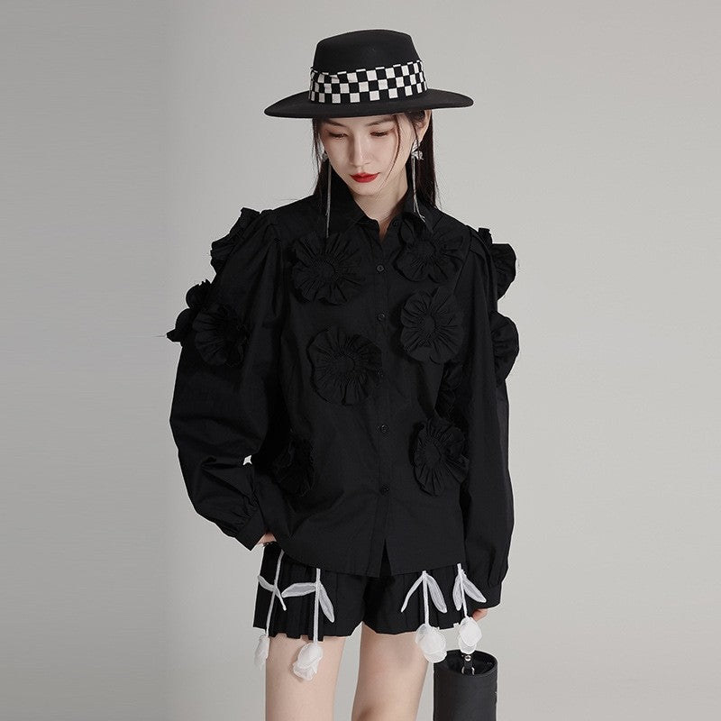 Cotton Long Sleeve Shirt With 3D Floral Embroidery