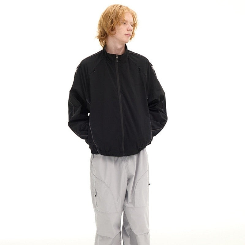 Color Block Stand Collar Loose Jacket