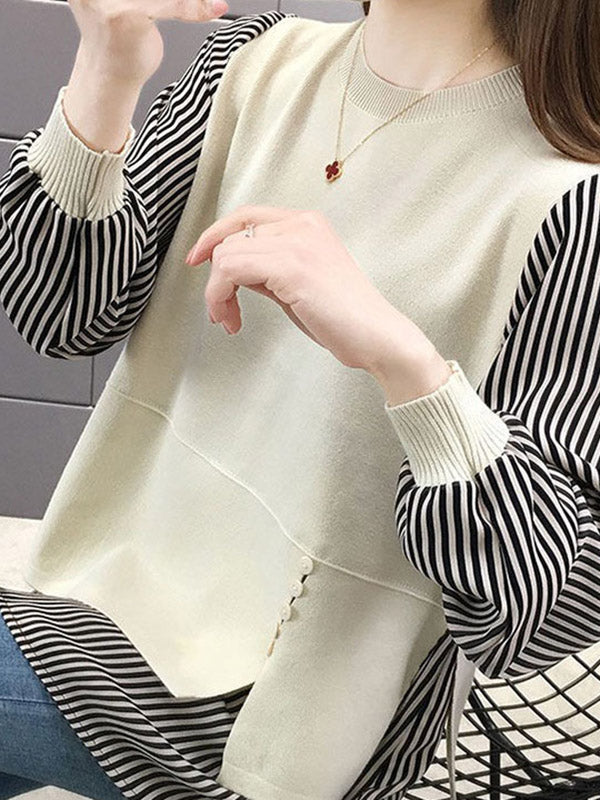Original Loose Split-Joint 5 Colors Striped Round-Neck Long Sleeves False Two Sweater Top