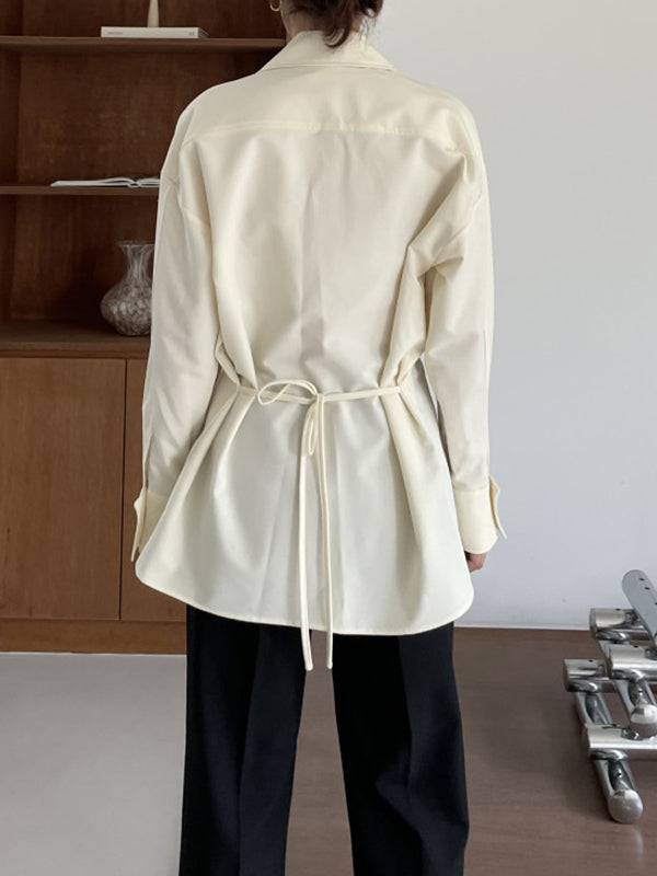 Long Sleeves Raglan Sleeve Pockets Split-Front Split-Joint Tied Zipper Lapel Blouses&Shirts Tops