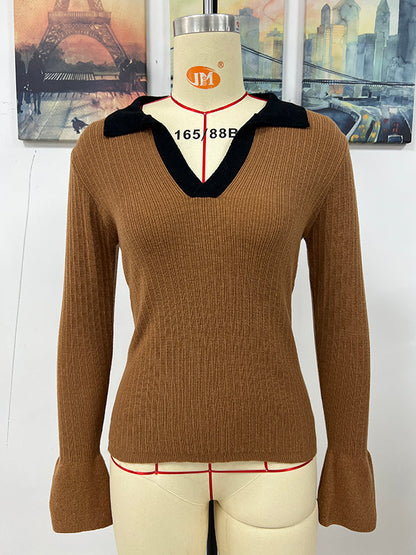 Casual Flared Sleeves Long Sleeves Contrast Color Lapel Collar Sweater Tops