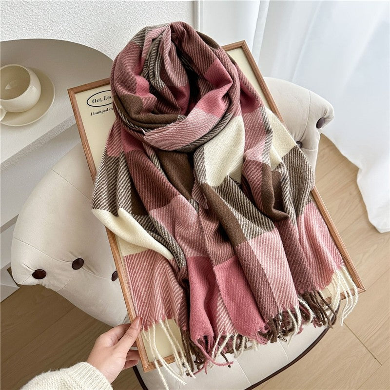 Color Block Plaid Fringe Scarf