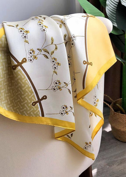 Floral Satin Polyester Square Scarf With Golden Border