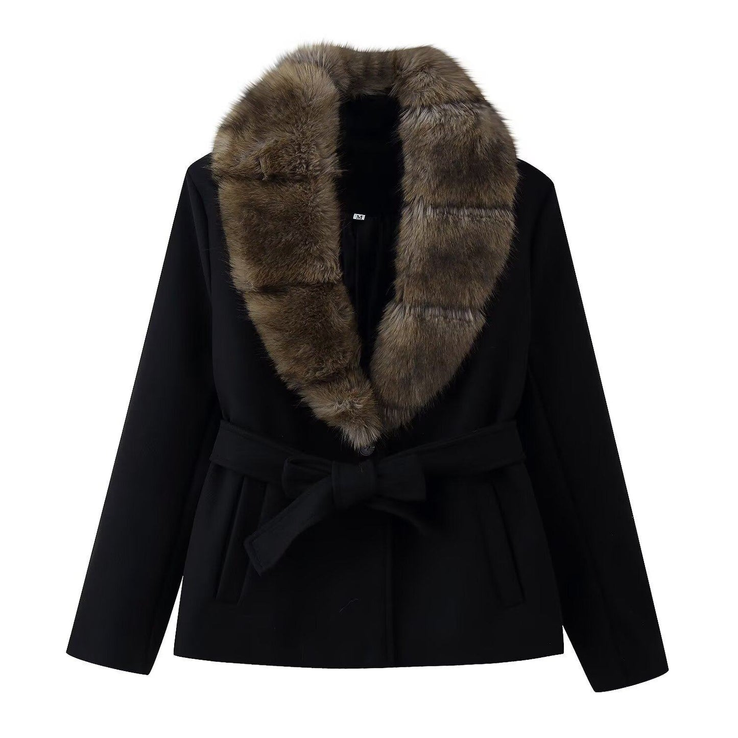 Fur Collar Belted Wool Coat