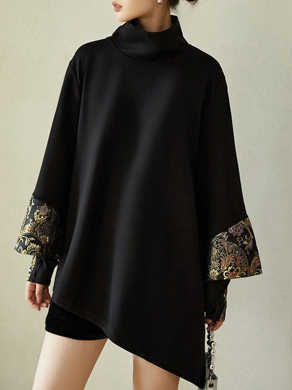 Fake Two-Piece Irregular Clipping Embroidered Split-Joint High Neck Sweatershirt