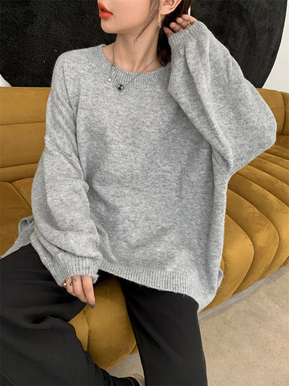 Loose Puff Sleeves Split-Side Solid Round-Neck Sweater Tops