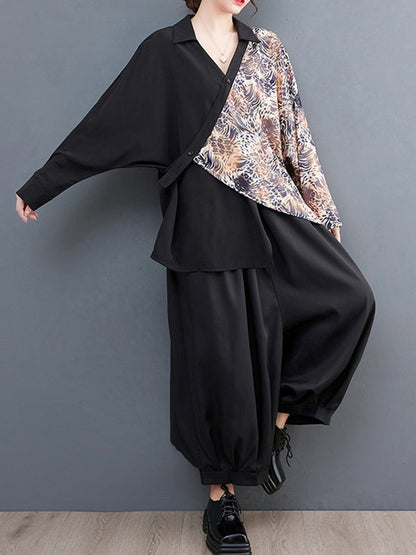 Long Sleeves Loose Contrast Color Printed Split-Joint Leopard Polo Blouses&Shirts Tops + Ninth  Culotte