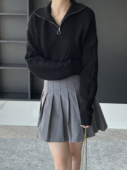 Simple Batwing Sleeves Long Sleeves Jacquard Solid Color Lapel Collar Sweater Tops