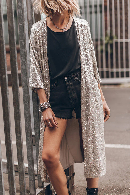 Apricot Sequin 3\/4 Sleeve Open Front Duster Cardigan