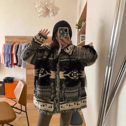 Heavy Knit Fringe Sweater Coat Women Winter Loose Sleeve Cardigan