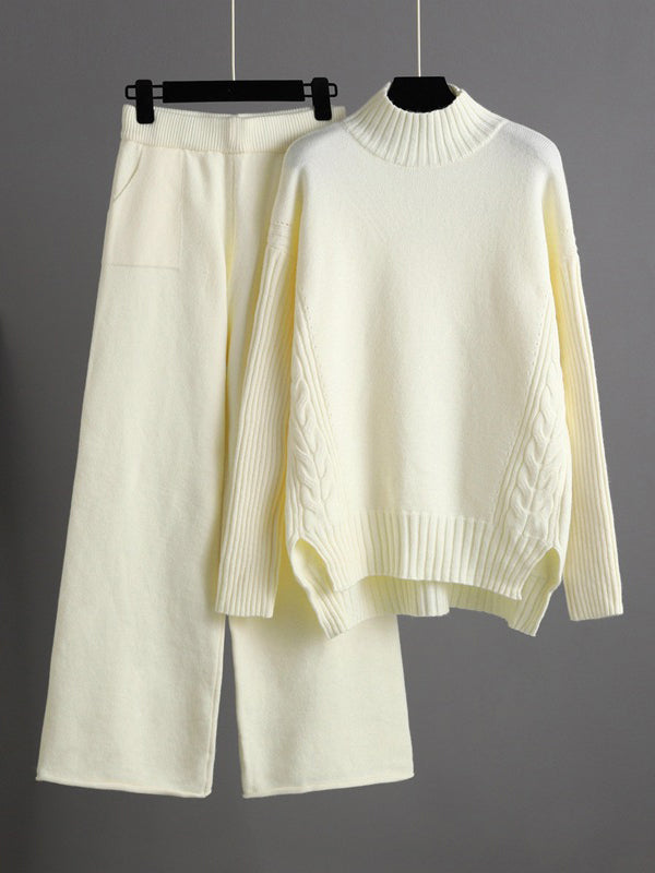 Urban High-Low Wide Leg Split-Side Solid Color Half Turtleneck Sweater Tops Pants Two Pieces Set