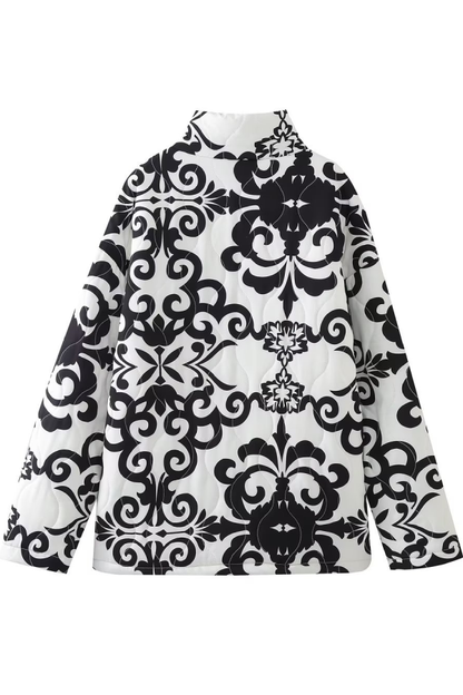 Loose Stand Collar Printed Casual Cotton Jacket