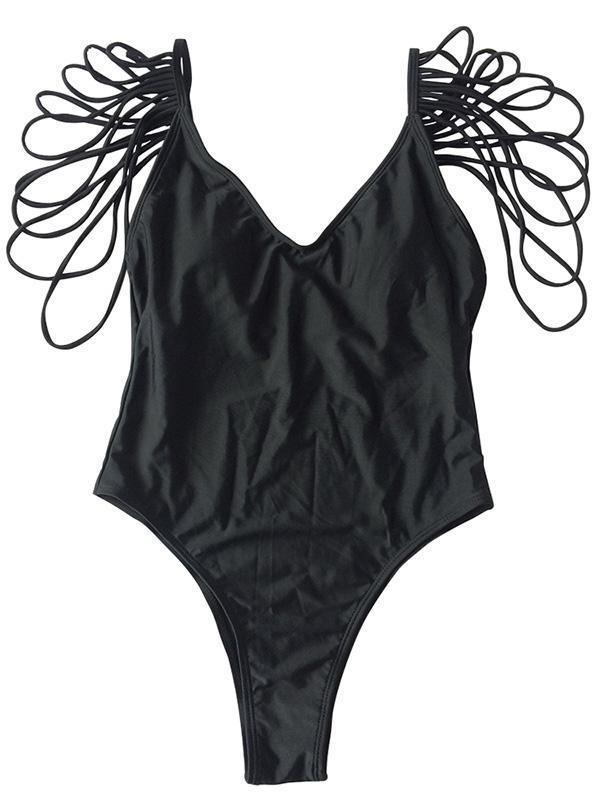 Sexy Backless Tassels Solid Color One-Piece Swimwear