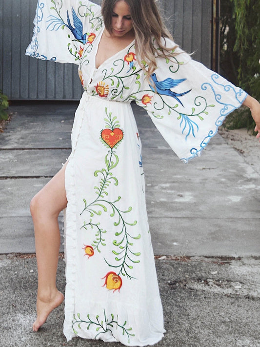 Summer New Arrival Flower Embroidery V-Neck Large Morning Glory Sleeve Dress Goddess Dress