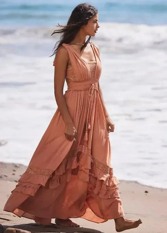 Canwedance Summer Beach Dress Sleeveless Cotton Maxi Dresses Boho Style Solid Color Lace Ruffled Sundress Mujer Vestidos