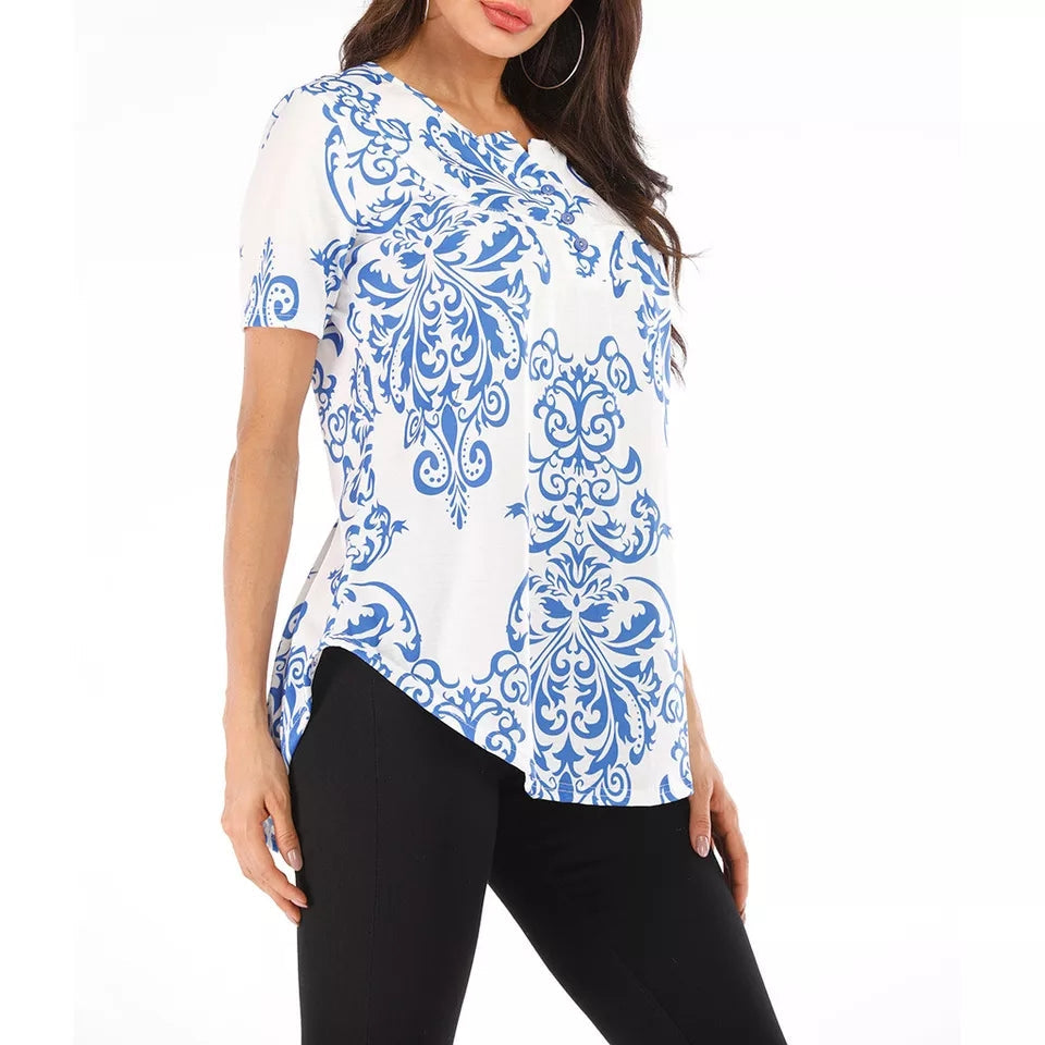 Spring And Summer New Button Collar Pleated Short Sleeve T Shirt