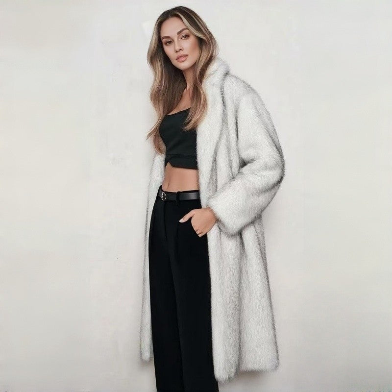 Long Fox Fur Collar Faux Fur Coat Women Fashion