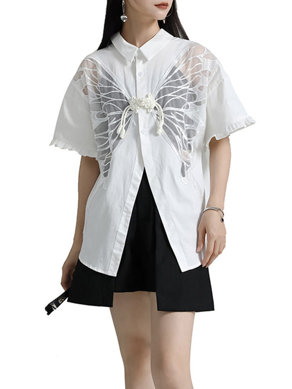 Half Sleeves Loose Buttoned Mesh Reversible See-Through Split-Back Split-Joint Lapel Blouses&Shirts Tops
