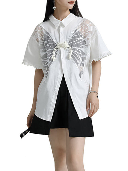 Half Sleeves Loose Buttoned Mesh Reversible See-Through Split-Back Split-Joint Lapel Blouses&Shirts Tops