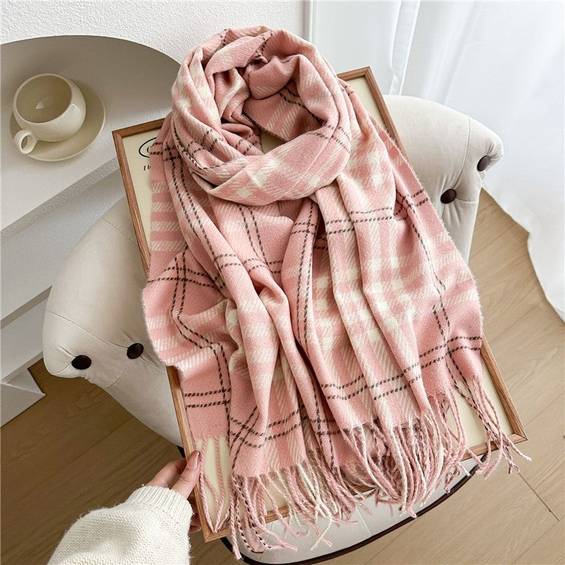 Color Block Plaid Fringe Scarf