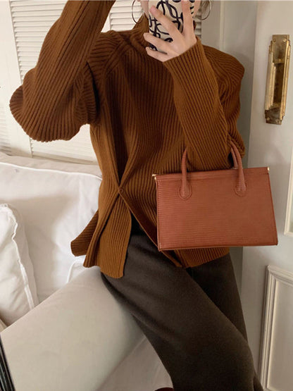 Urban Long Sleeves Split-Side Solid Color High-Neck Sweater Tops Pullovers