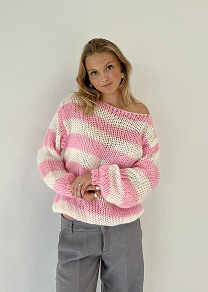 Relaxed Knit Off Shoulder Sweater With Stripes